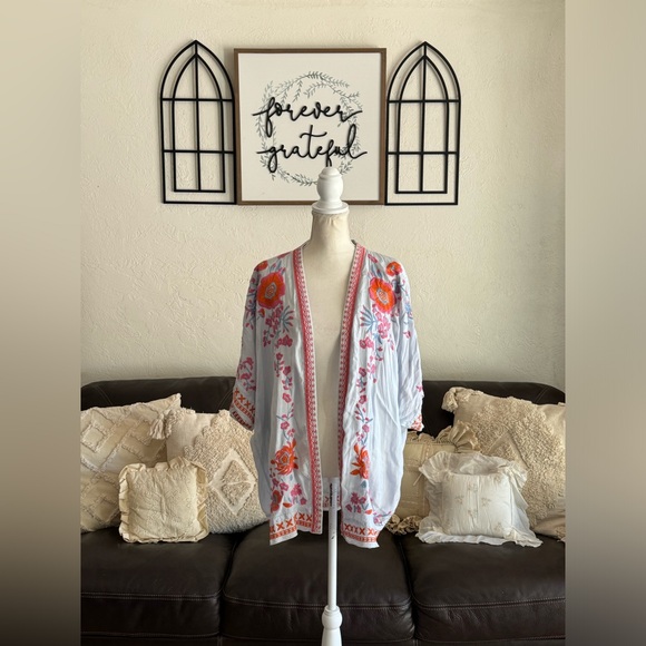 Curations Pastel Blue Embroidered Floral Kimono Size M/L Summer Beach Boho - Picture 14 of 15